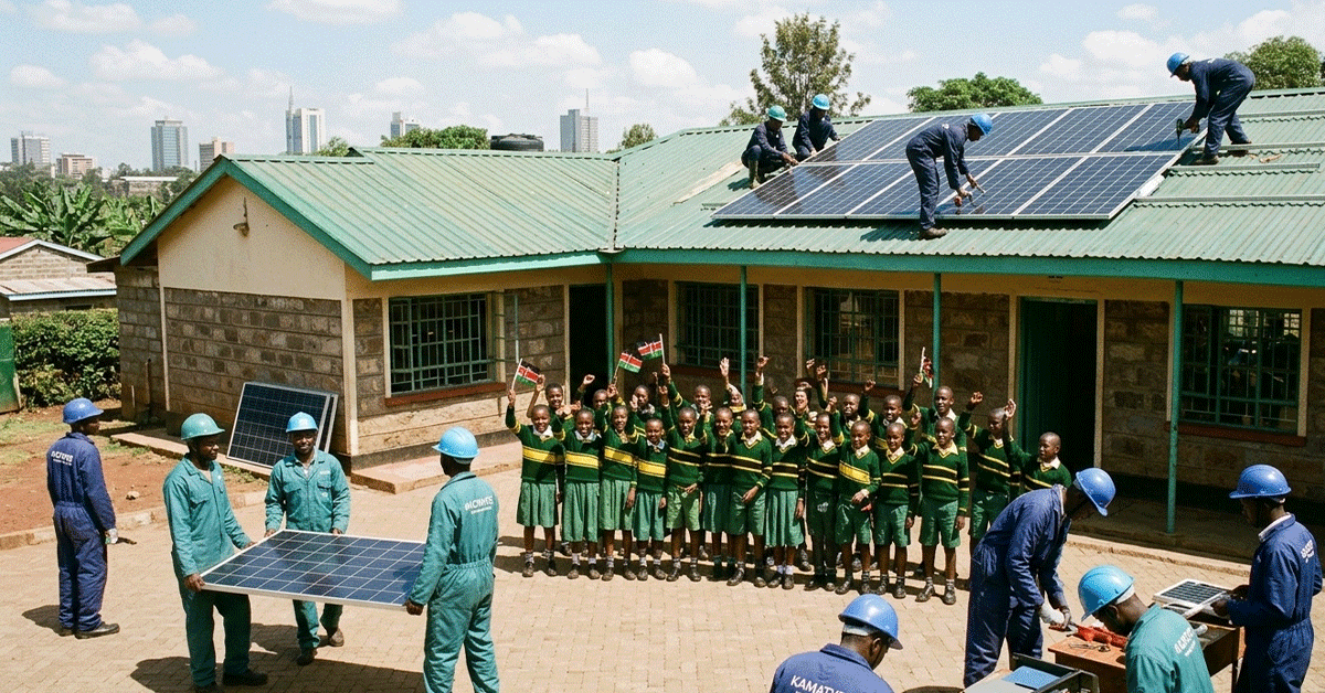 Kamatye Solar Solutions team installing solar panels at a school in Kenya