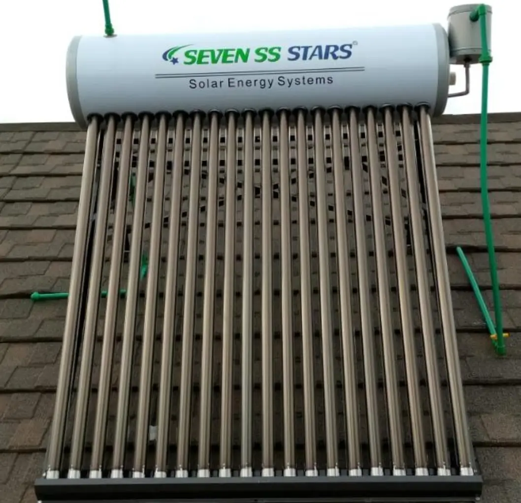 Seven SS Stars evacuated-tube solar water heater installed on a rooftop in Kenya