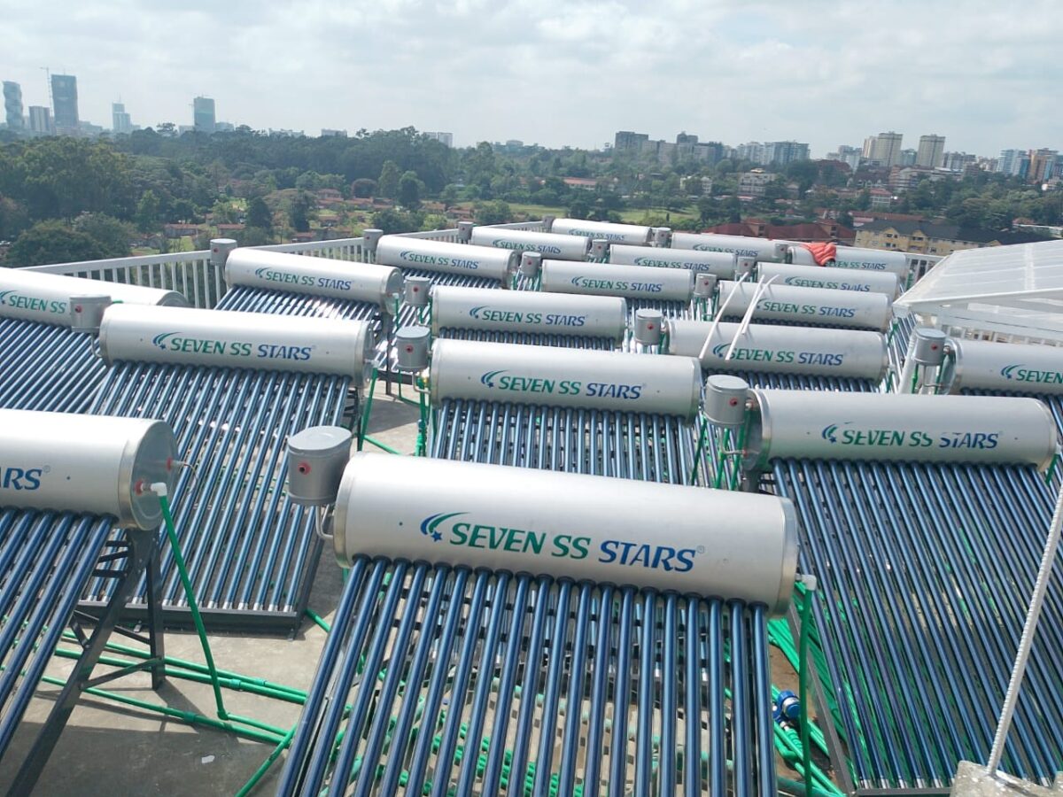 Multiple Seven SS Stars solar water heaters installed on a commercial rooftop in Nairobi, Kenya
