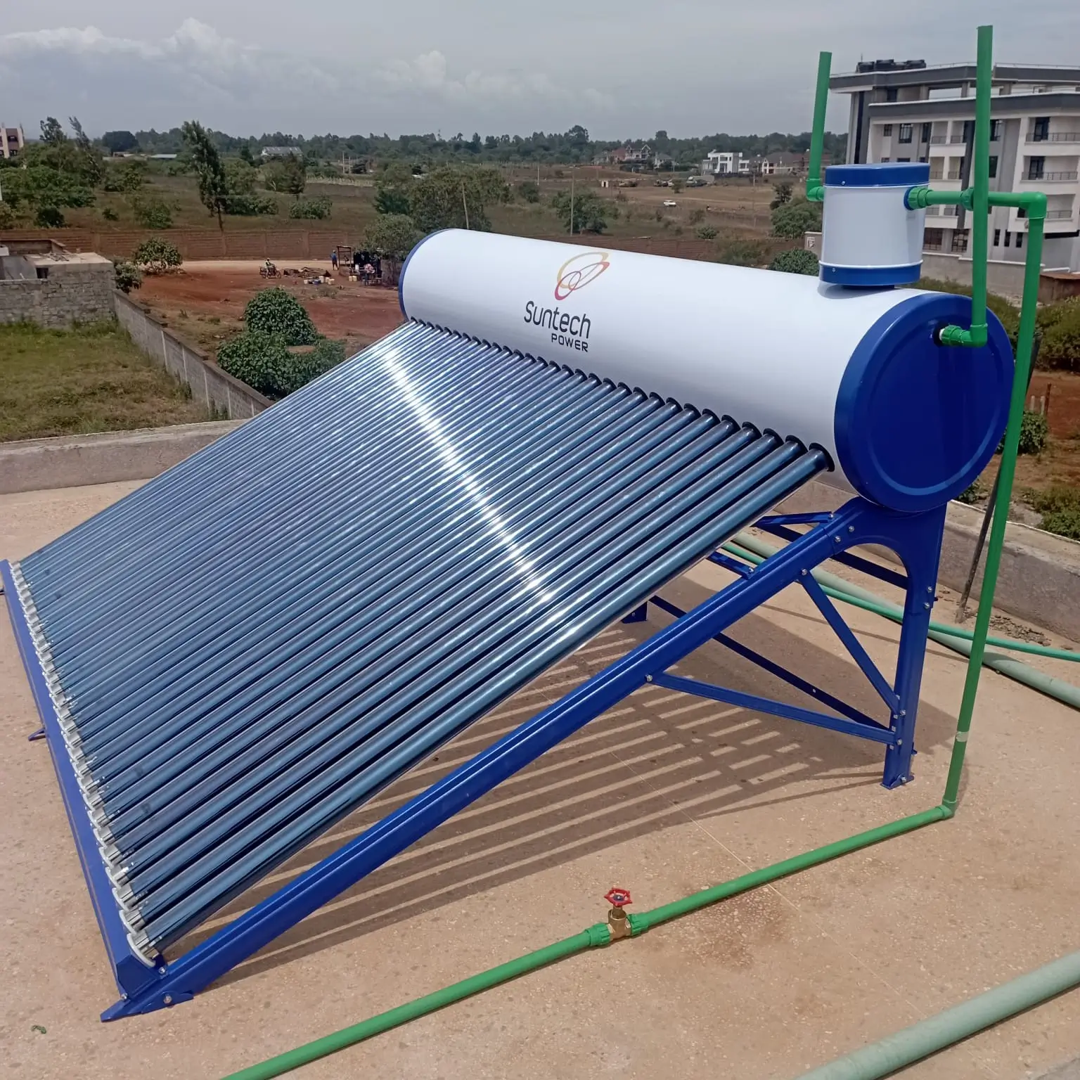 Suntech evacuated-tube solar water heater on rooftop in Kenya